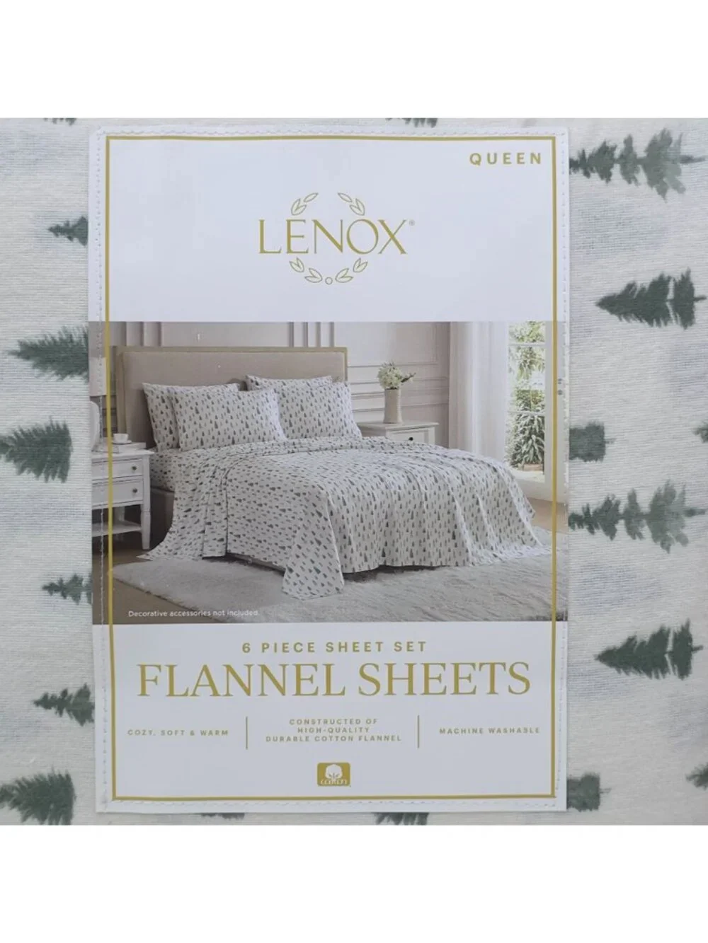 Lenox 6-Piece Queen Flannel Sheet Set Pine Trees Green 100% Cotton Warm & Cozy